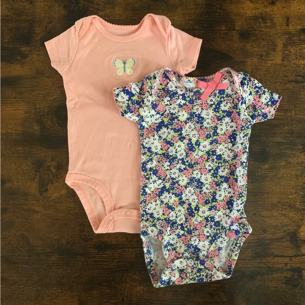 5/$25 sale — Embroidered/floral onesies - 3M